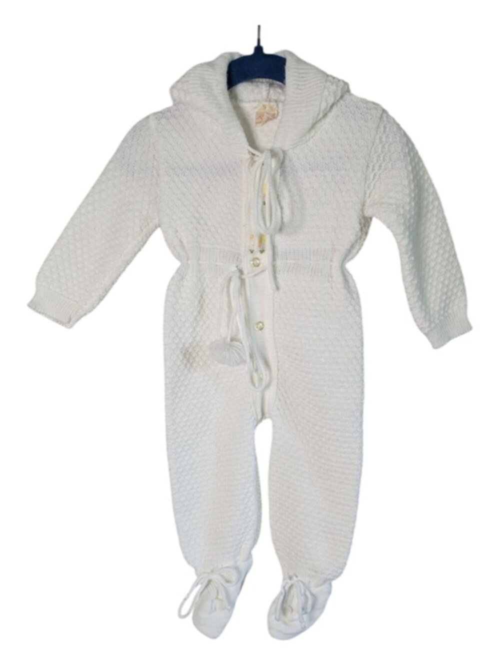 Renro Vintage Footed Knit Pramsuit Romper Hooded Tie Front Embroidered Ducks 3/6